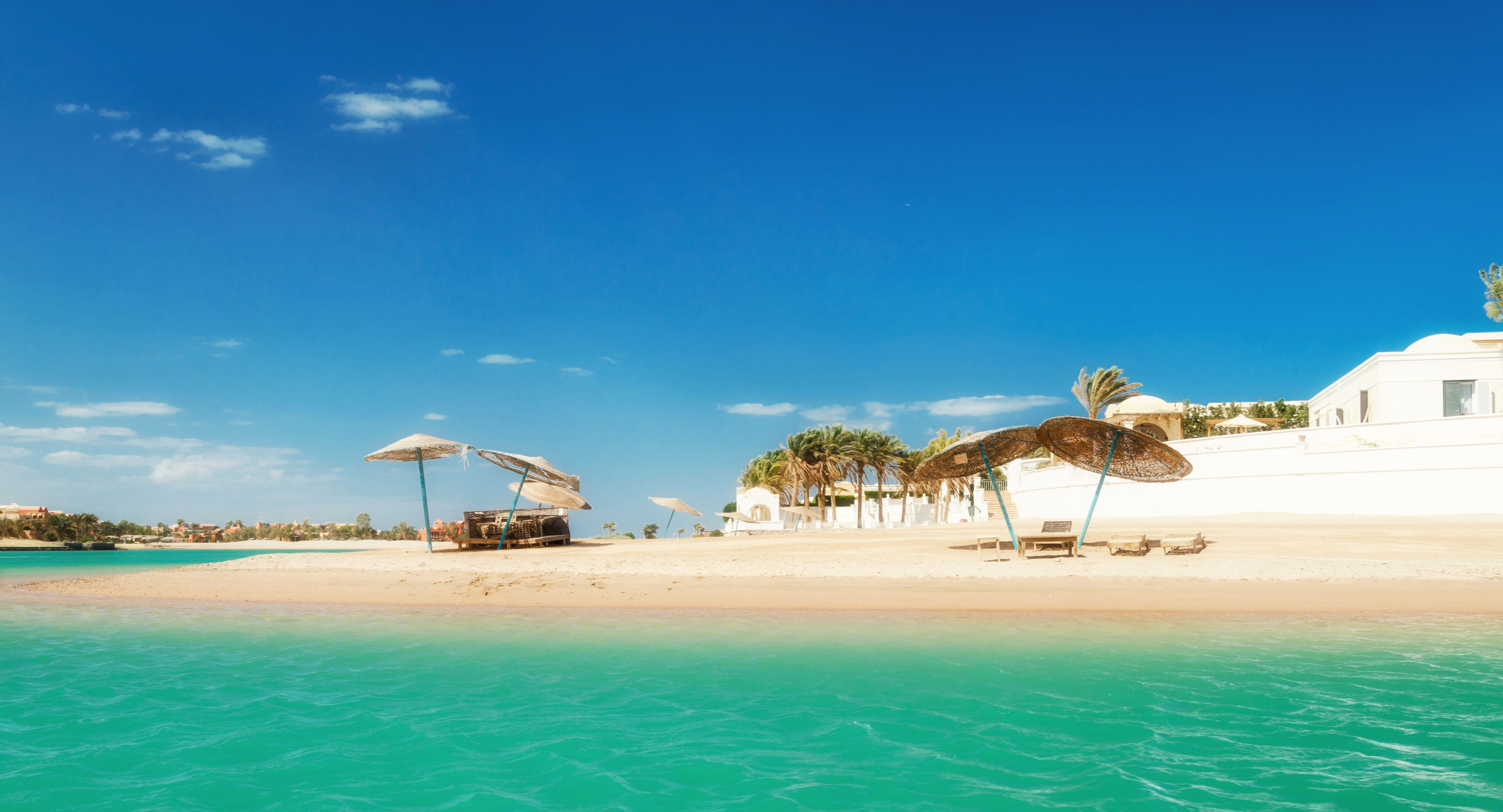 White sand beach resort on the Red Sea in El Gouna, Egypt.