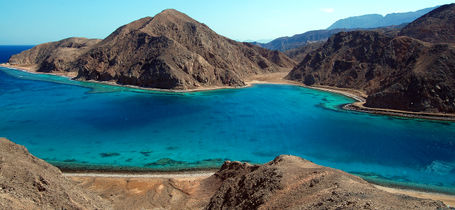 Beautiful view of Taba Heights, mountains and blue waters on the Sinai Peninsula in Egypt.