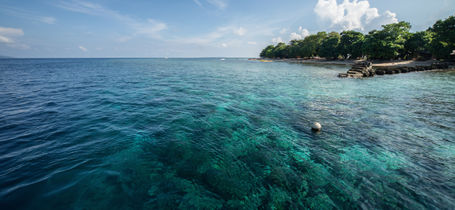 Jetty out over a coral reef on Bunaken Island in Indonesia.