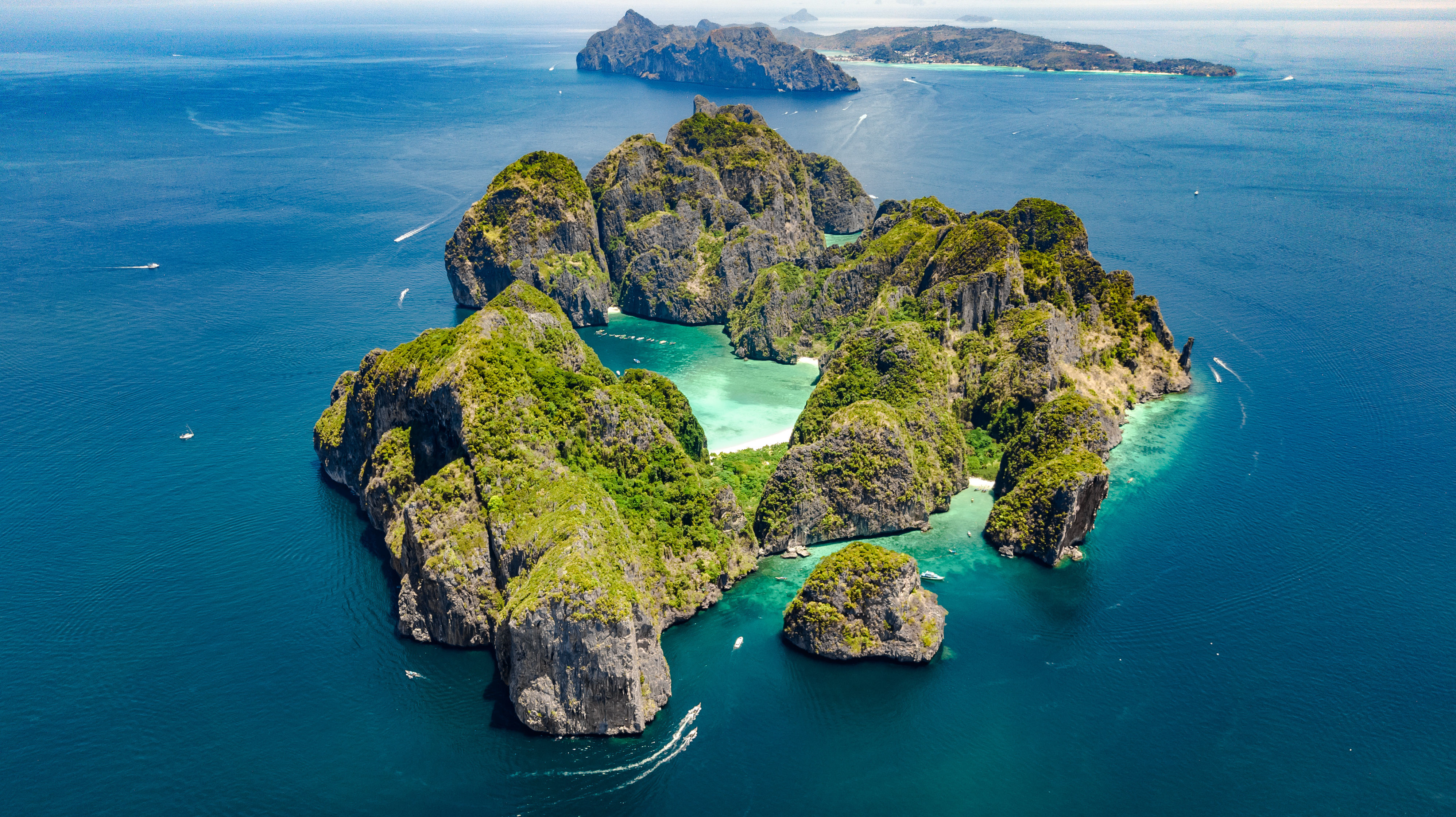 Aerial drone view of tropical islands Phi Phi Don and Phi Phi Leh in Thailand.