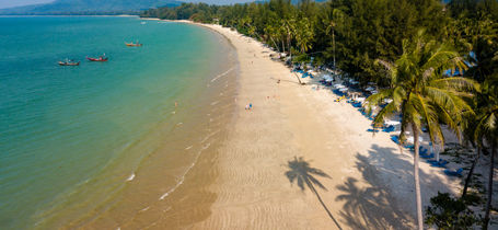 Aerial view of tropical coast line with golden sand, blue water and palm trees in Khao Lak, Thailand. 