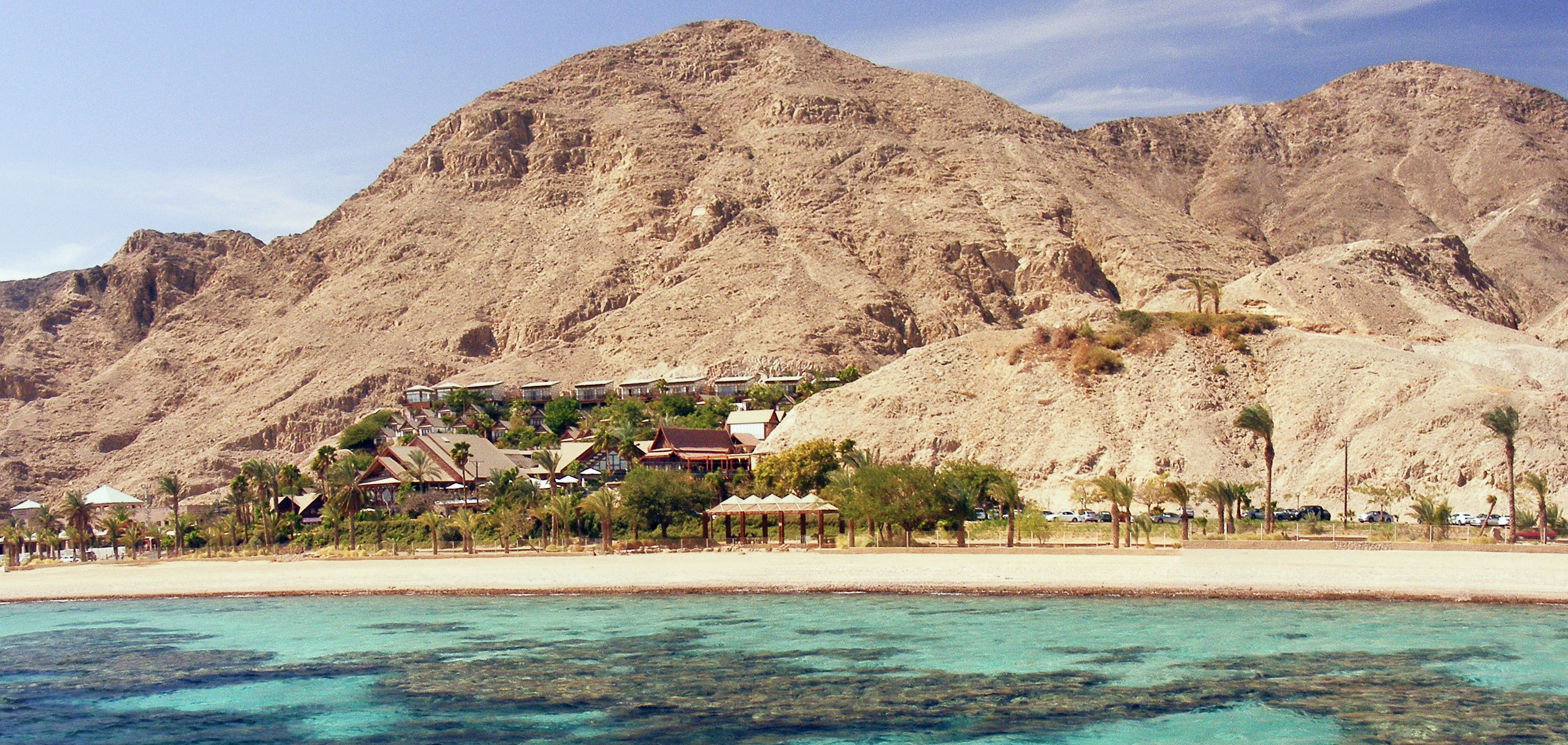 Panorama view of red sea mountain landscape from turquoise green waters. 