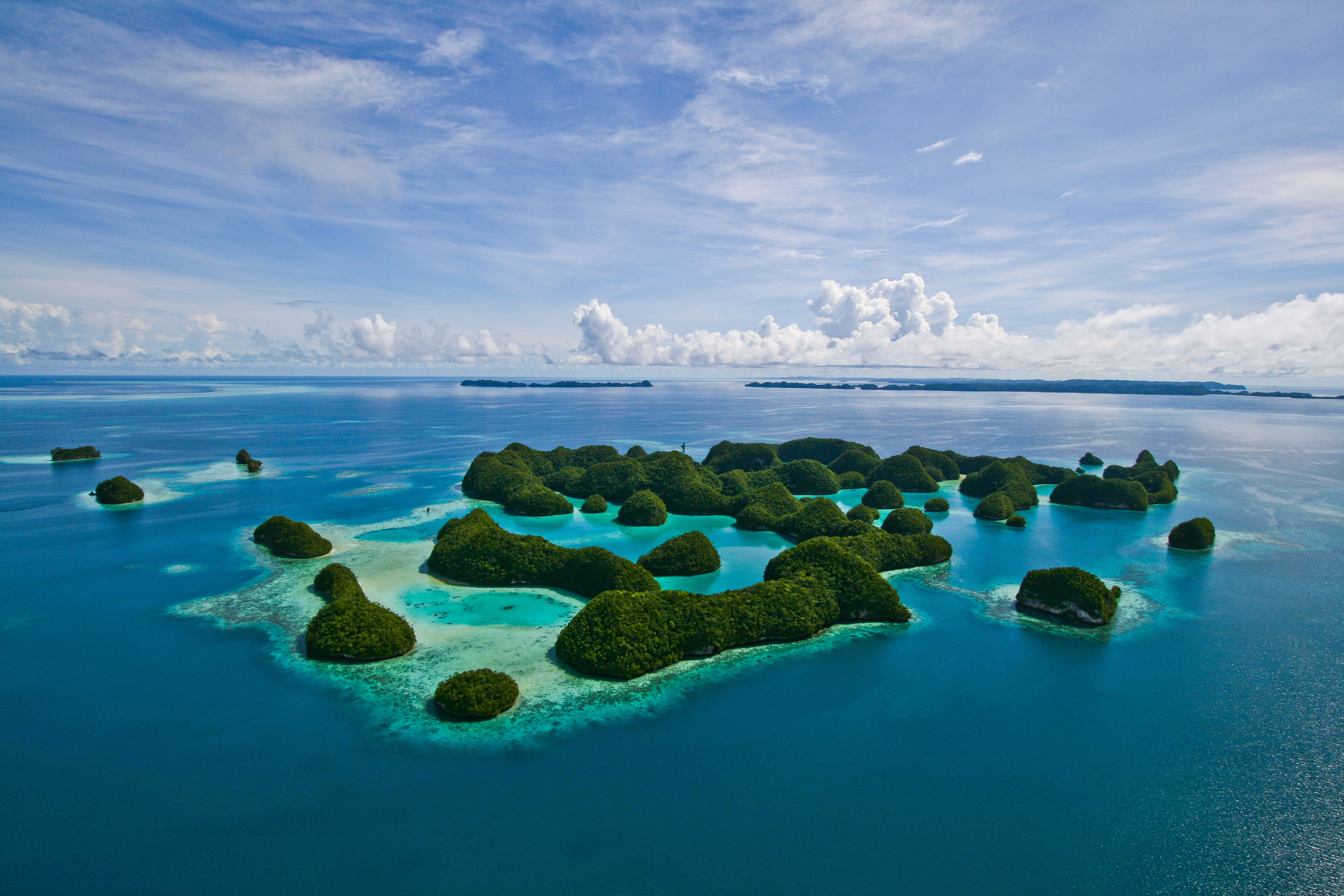 Aerial view of The 70 Islands in Palau, Micronesia. 