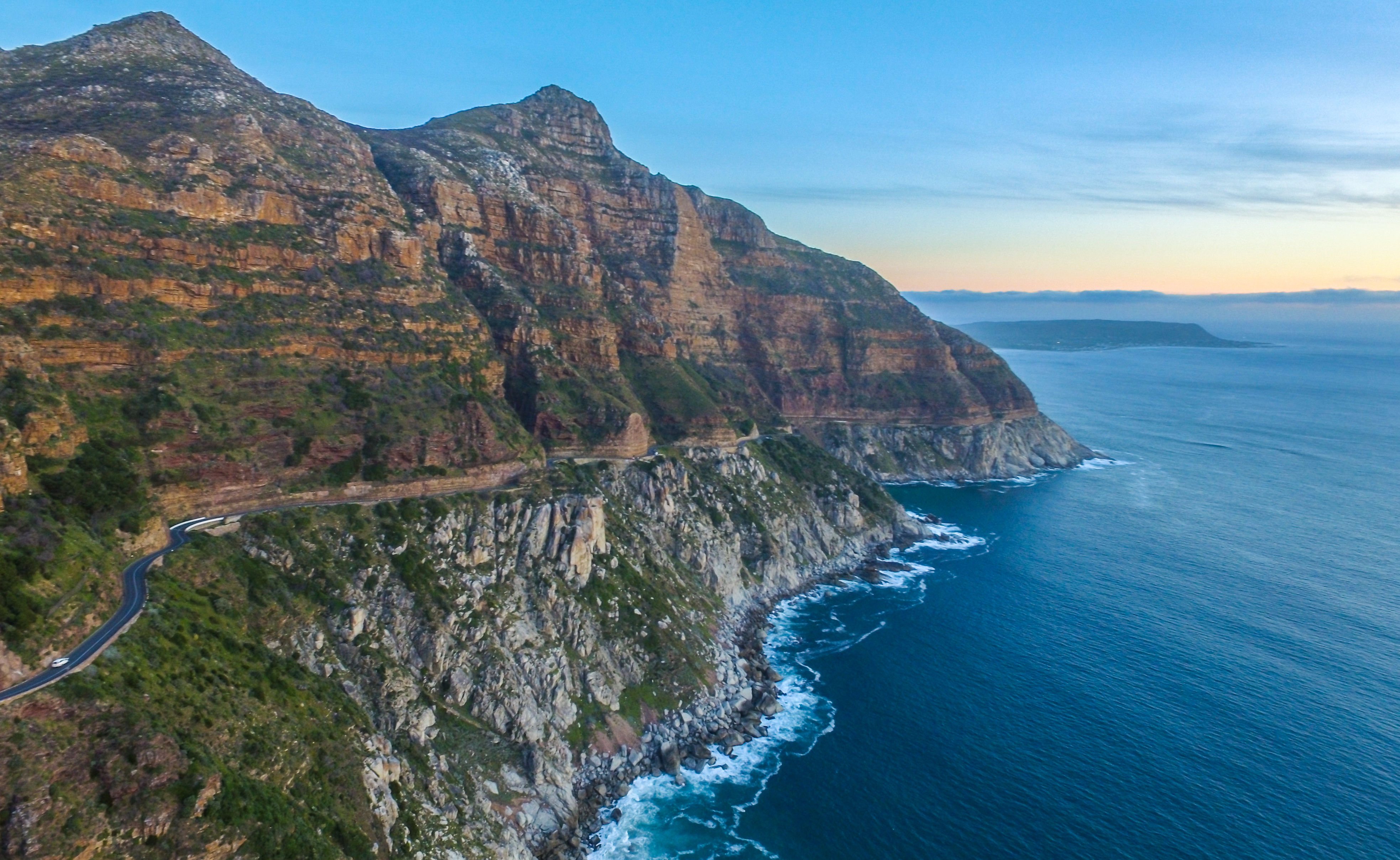 Panorama view of green rocky cape point in South Africa.