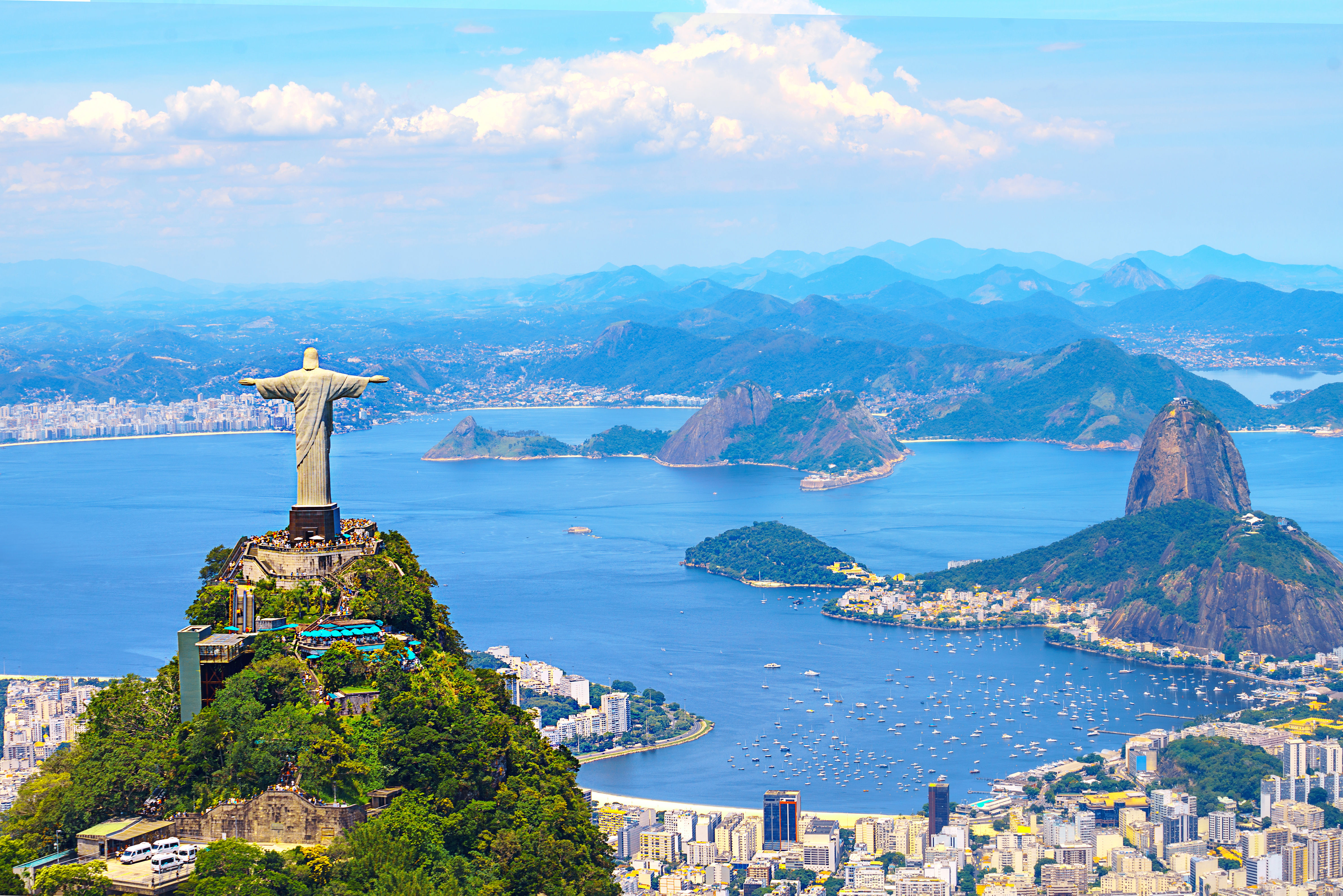 Aerial view of Rio de Janeiro with Christ Redeemer and Corcovado Mountain. Brazil.