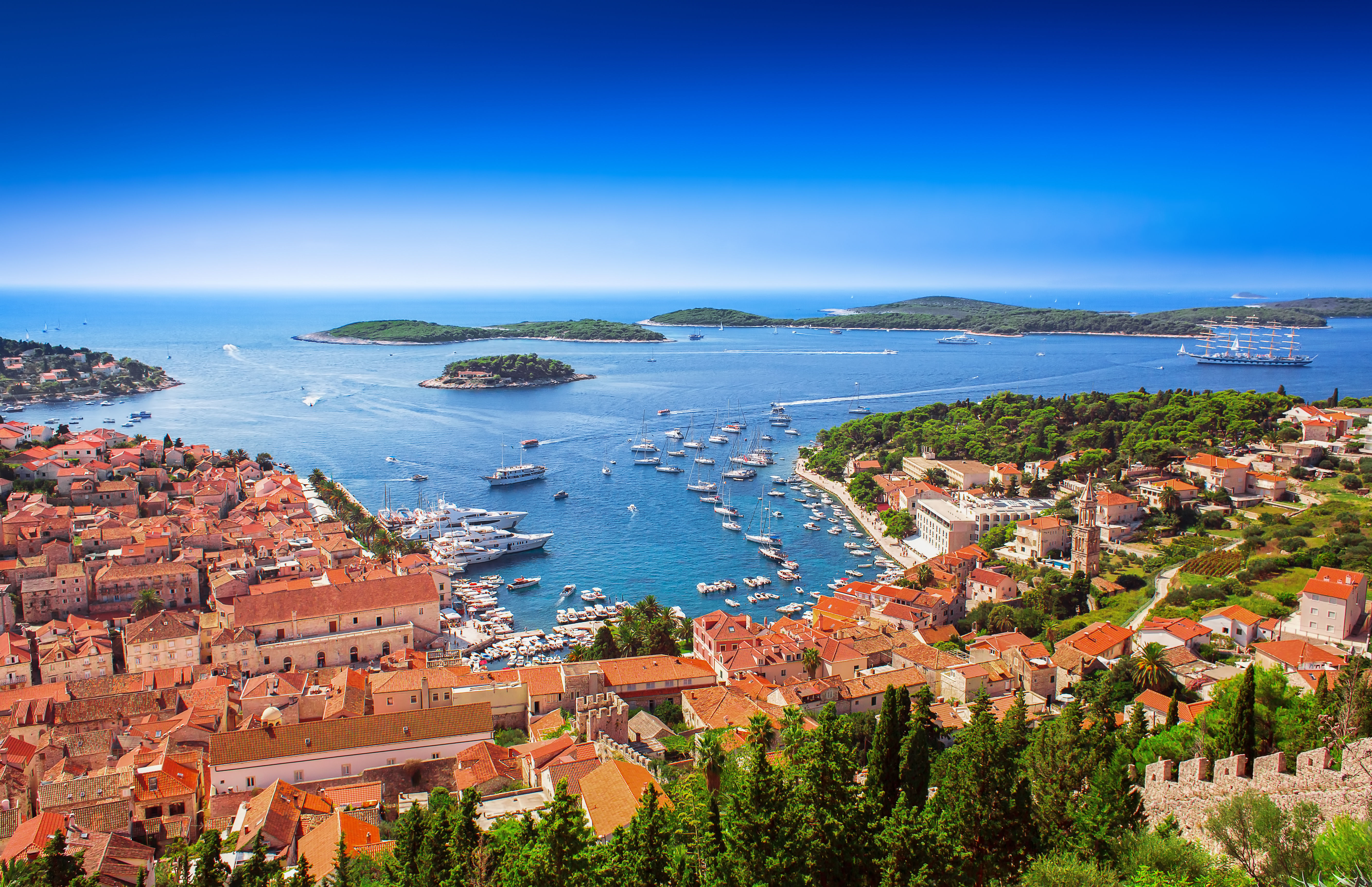 Aerial view of the marina at the heart of Hvar, Croatia