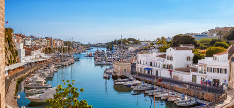View on old town Ciutadella port on sunny day, Menorca, Spain.