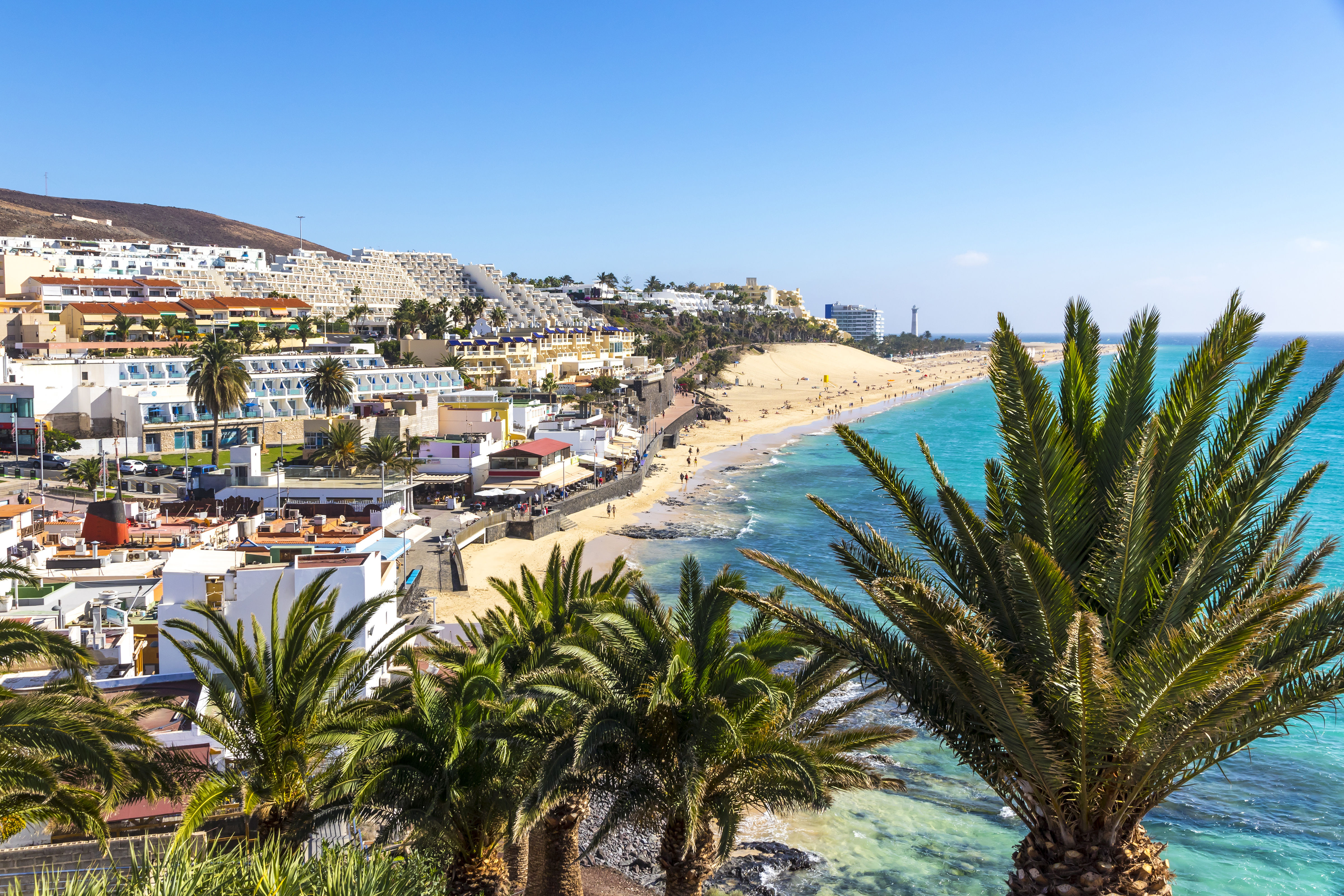 View of Morro Jable beach on Fuerteventura Island, Canary Islands, Spain.