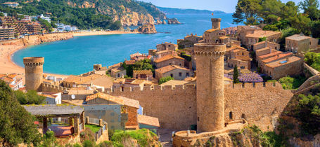 Tossa de Mar, sand beach and Old Town walls, Catalonia, Spain