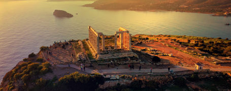 Aerial view of coastline and Temple of Poseidon in Attica, Greece